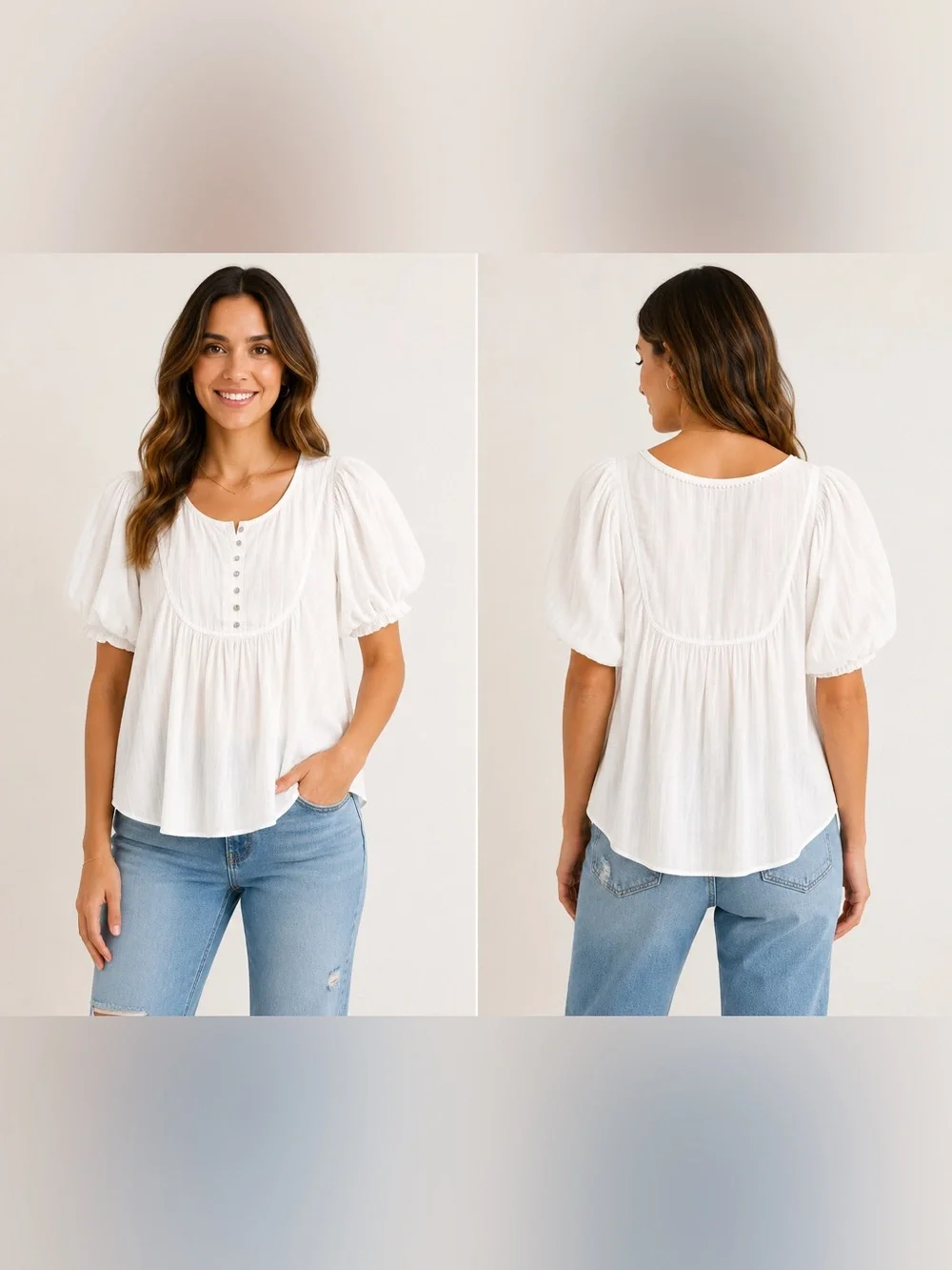 Anthropologie Drapey Henley Pleated Puff Sleeve Top White Extra Small XS
